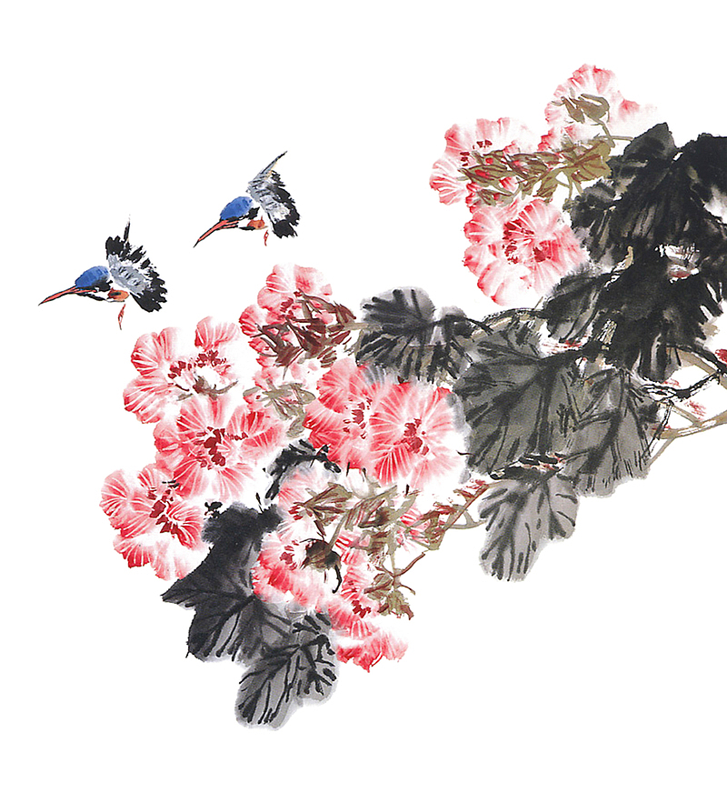 水墨花朵装饰鸟类元素