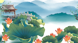 古风荷花手绘亭台背景图