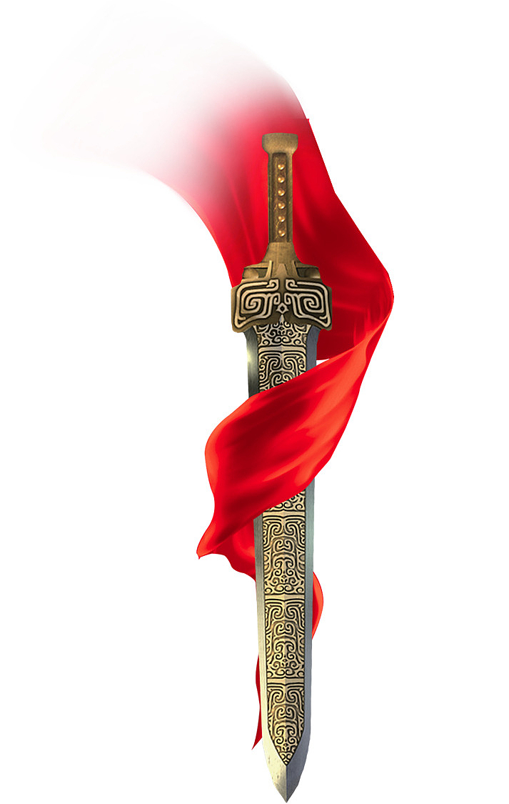 古代宝剑铜剑红绸缎飘扬红色