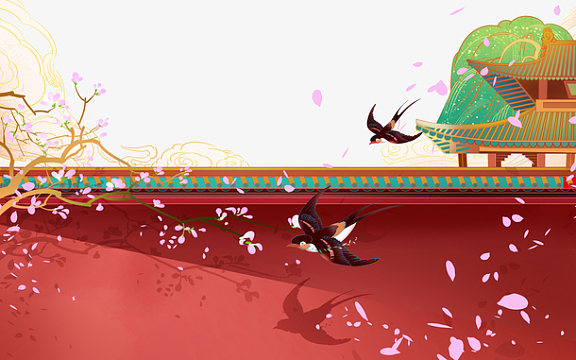 手绘国潮亭台围墙植物元素