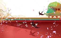 手绘国潮亭台围墙植物元素