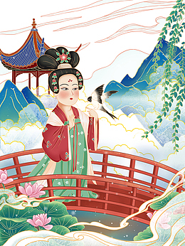 手绘国潮桥梁亭台元素