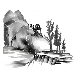 手绘山石水墨亭台元素