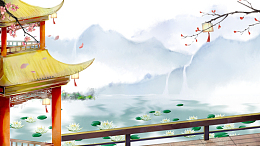 手绘古风荷花池元素图
