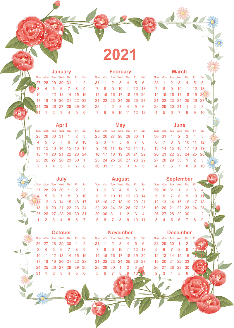 2021年小清新花朵元素日历背景
