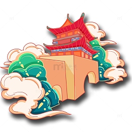 国潮风古建筑楼房山云插画