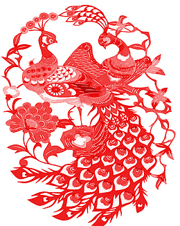中国农历新年红凤凰剪纸元素