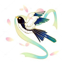 国潮喜鹊彩带花瓣手绘插画