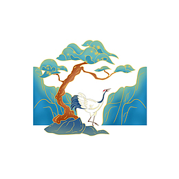 中国风装饰松树仙鹤远山插画