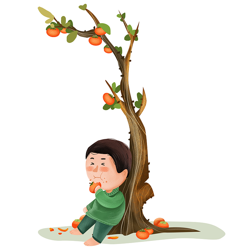 24节气之霜降男孩在柿子树下吃柿子