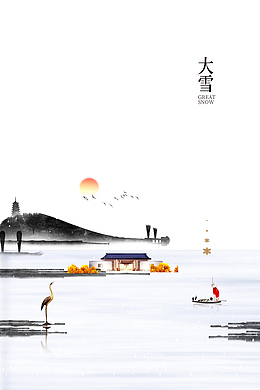 冬季大雪雪花鸟湖面船