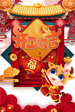 开工大吉手绘春节元素图