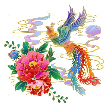 手绘国潮节日凤凰 牡丹