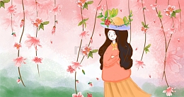 春天手绘女孩樱花藤蔓