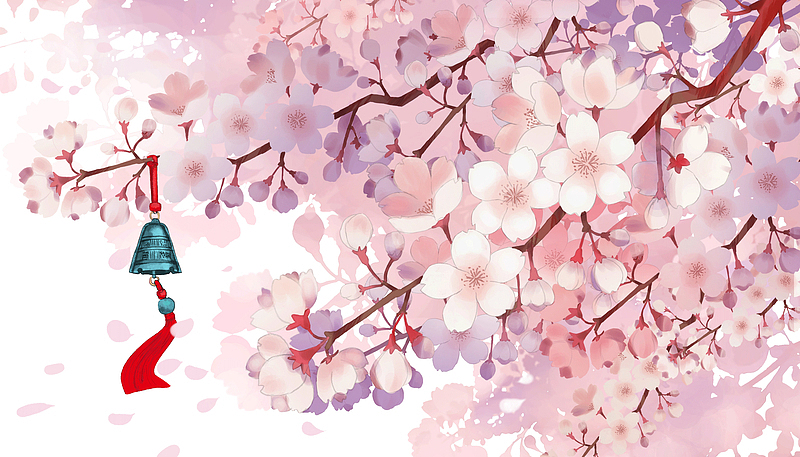 樱花树铃铛手绘元素图