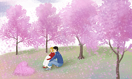春天樱花手绘情侣樱花树爱心