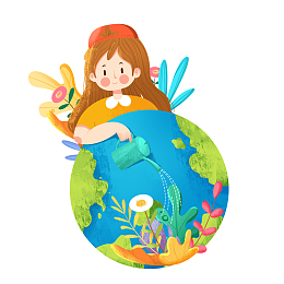 卡通手绘女孩植树节地球环保