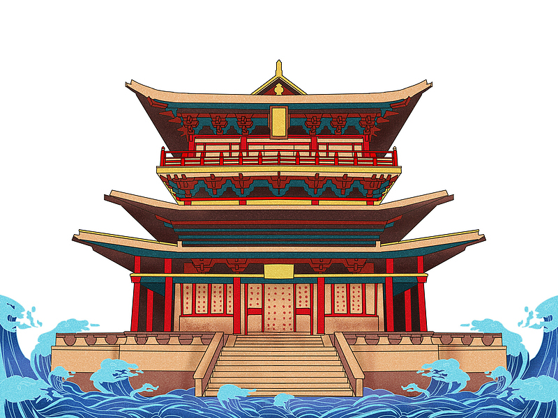 中国风手绘国潮建筑插画
