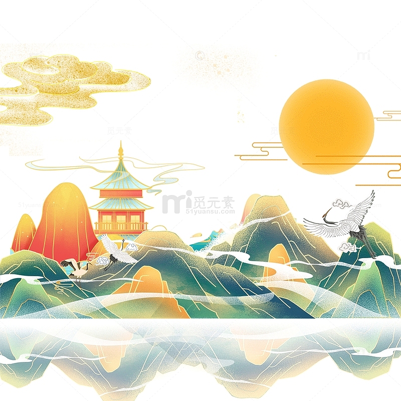 中国风国潮仙鹤海浪仙境环山太阳