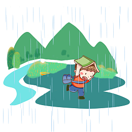 下雨天小孩在河谷跑