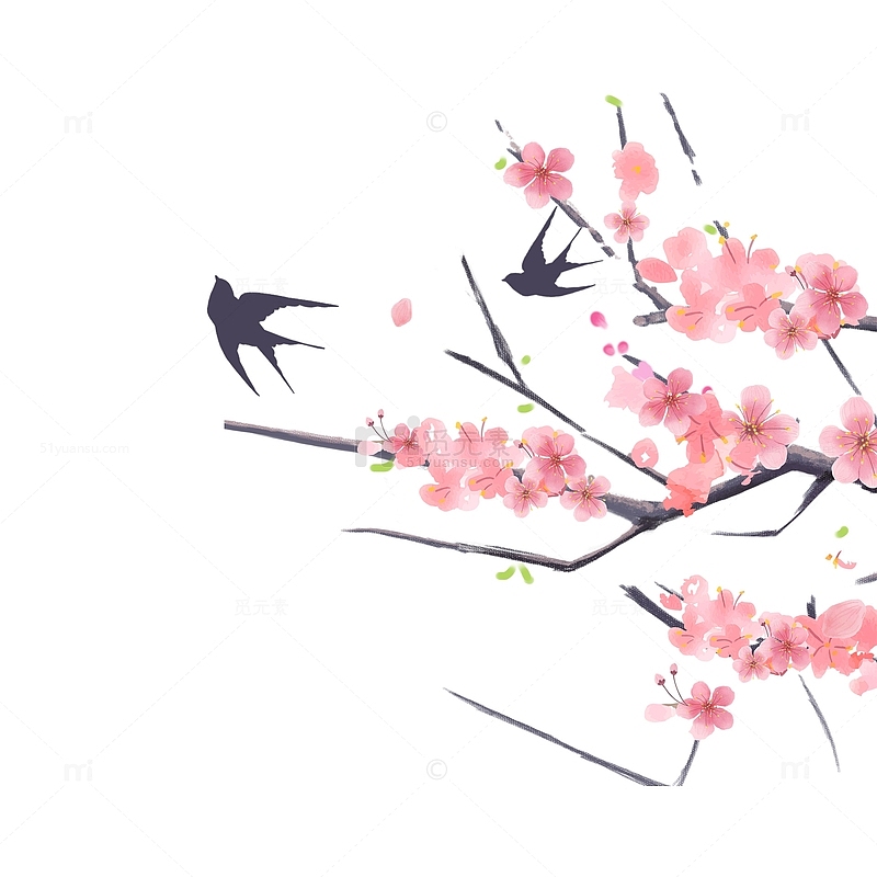 春天春季桃花树枝花枝燕子元素