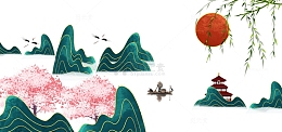 春天樱花柳条山船渔翁