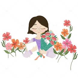 手绘教师节收花的老师人物素材