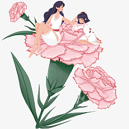 母亲节粉色花亲子母女插画手绘