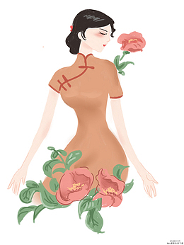 手绘复古风旗袍女子