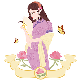 手绘民国卡通国潮旗袍动漫美女