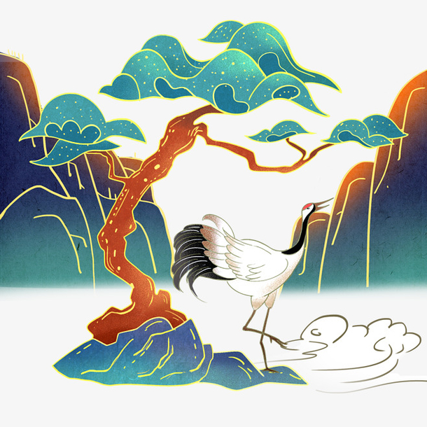 中国风山水仙鹤元素素材免费下载_觅元素