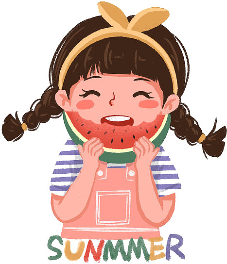 夏天吃西瓜的可爱小女孩