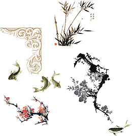 中国风竹叶 花纹 梅花，鱼