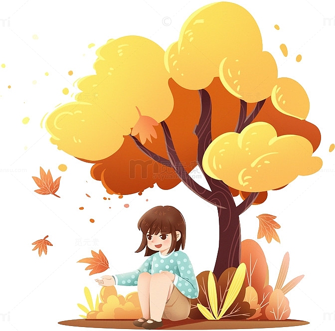 秋天节气女孩树下看枫叶