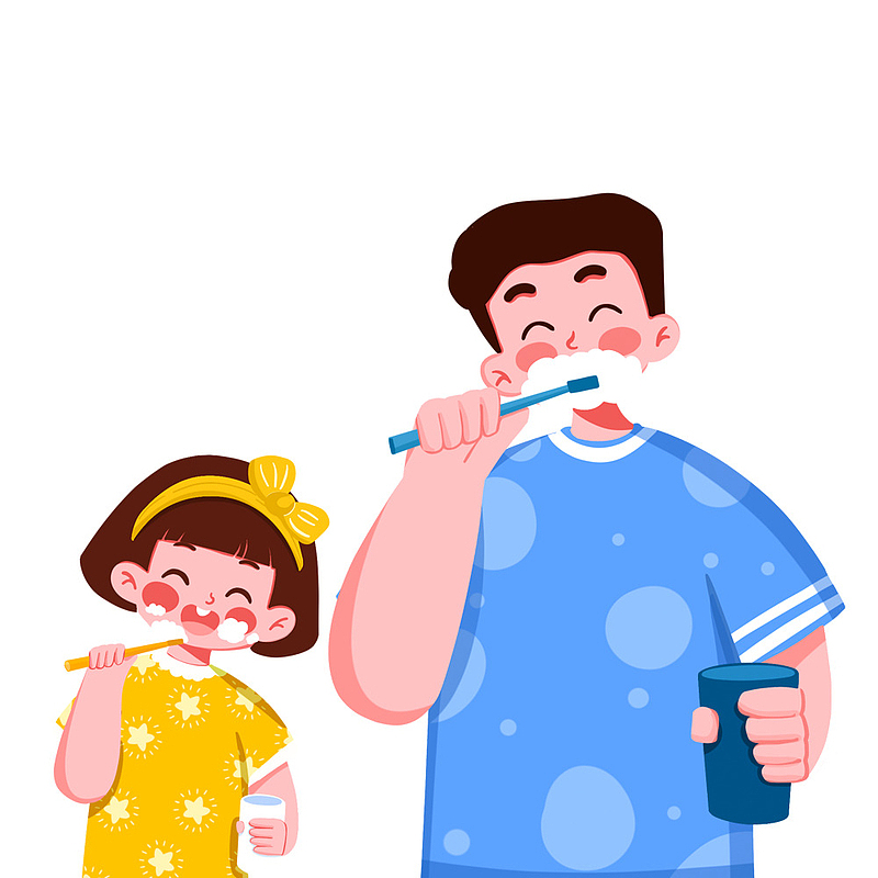父亲和孩子一起刷牙