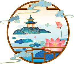 中国古典风窗户与江南荷塘