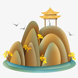 国朝金色山水凉亭插画