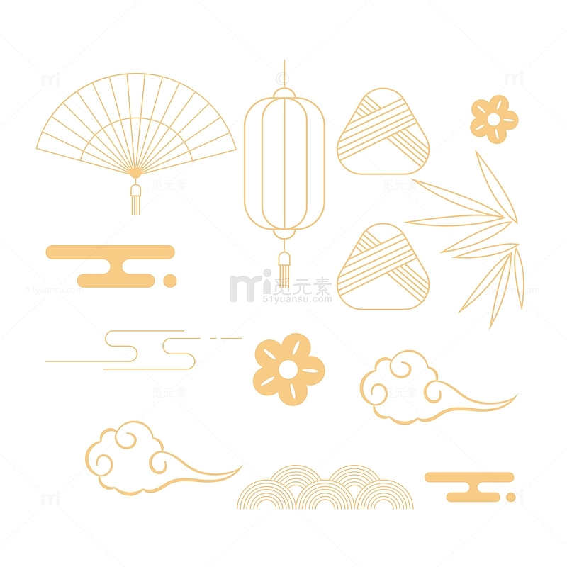 国潮中国风灯笼、扇子、祥云等装饰元素