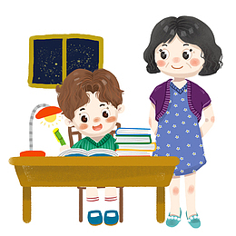 妈妈监督男孩子学习写作业