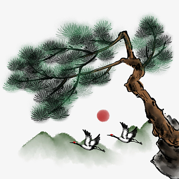 水墨仙鹤松树素材元素