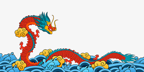 国潮风龙出海中国龙浪花海浪