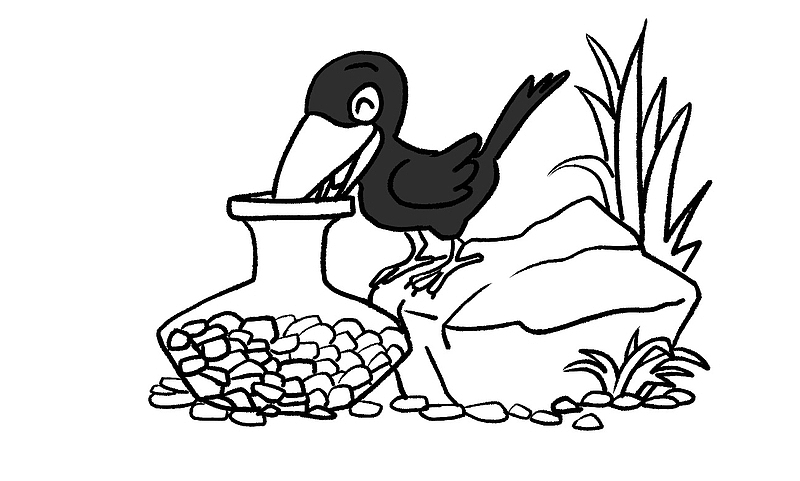 卡通 黑白 线稿 乌鸦喝水