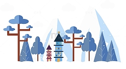 矢量下雪的树林雪山
