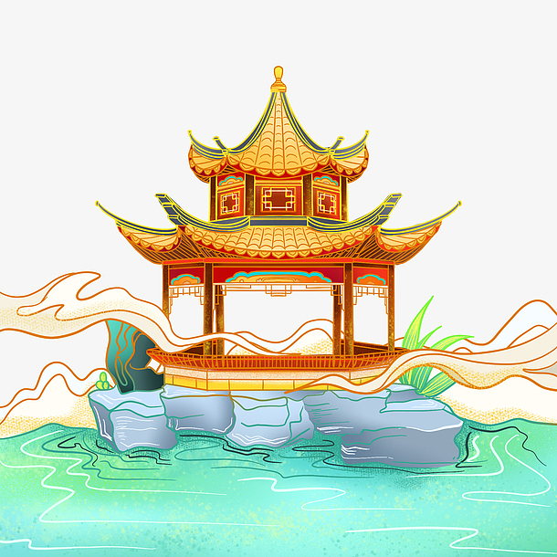 古代八角亭风景国潮