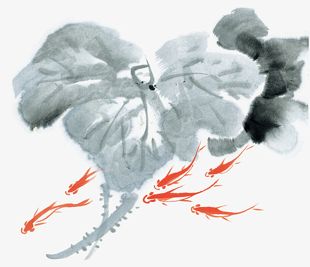 精美中国风水彩写意国画鱼戏莲叶间