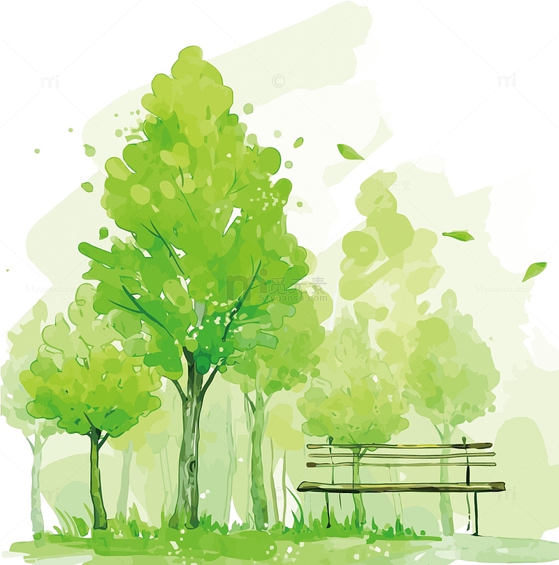 高清手绘清新水彩风绿树公园座椅插画素材