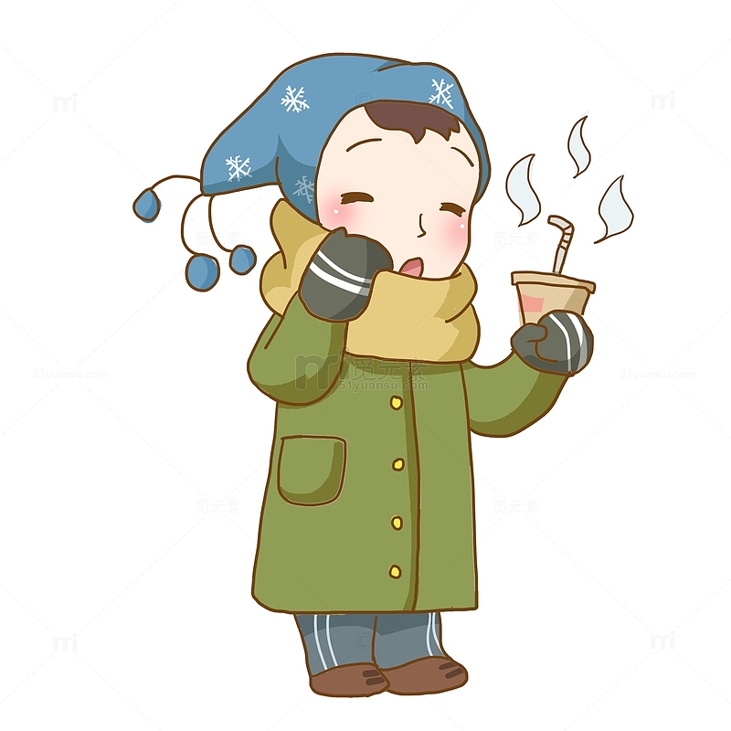 冬季卡通人物保暖喝奶茶免抠PNG素材
