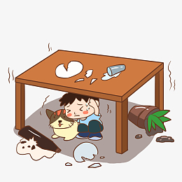 防震救灾黄色卡通元素躲桌子傻