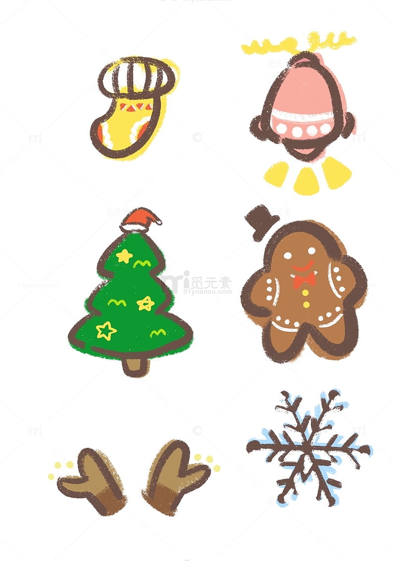 圣诞节元素手绘姜饼人圣诞树袜铃铛麋鹿雪花