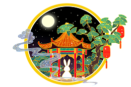 亭子里赏月的小兔子